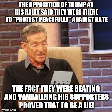 Who are they trying to fool? | THE OPPOSITION OF TRUMP AT HIS RALLY SAID THEY WERE THERE TO "PROTEST PEACEFULLY" AGAINST HATE; THE FACT THEY WERE BEATING AND VANDALIZING HIS SUPPORTERS PROVED THAT TO BE A LIE! | image tagged in memes,maury lie detector,donald trump,protesters | made w/ Imgflip meme maker