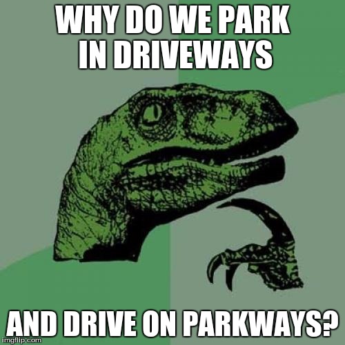 Philosoraptor | WHY DO WE PARK IN DRIVEWAYS; AND DRIVE ON PARKWAYS? | image tagged in memes,philosoraptor | made w/ Imgflip meme maker