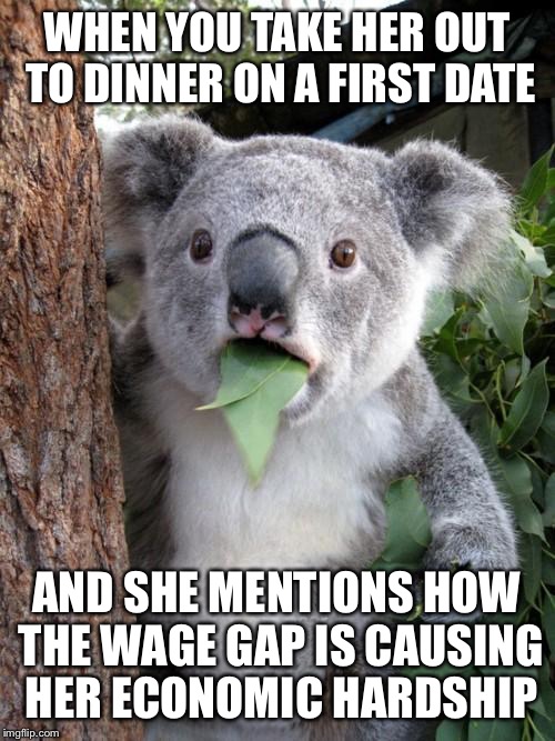 Surprised Koala Meme | WHEN YOU TAKE HER OUT TO DINNER ON A FIRST DATE; AND SHE MENTIONS HOW THE WAGE GAP IS CAUSING HER ECONOMIC HARDSHIP | image tagged in memes,surprised koala | made w/ Imgflip meme maker