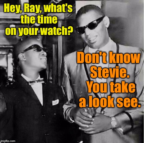 WTF is Ray wearing a watch for? | Hey, Ray, what's the time on your watch? Don't know Stevie.  You take a look see. | image tagged in memes,drsarcasm,blind watch wearer,ray charles,stevie wonder | made w/ Imgflip meme maker