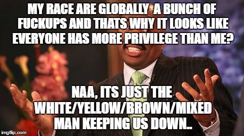 MY RACE ARE GLOBALLY  A BUNCH OF F**KUPS AND THATS WHY IT LOOKS LIKE EVERYONE HAS MORE PRIVILEGE THAN ME? NAA, ITS JUST THE WHITE/YELLOW/BRO | image tagged in memes,steve harvey | made w/ Imgflip meme maker