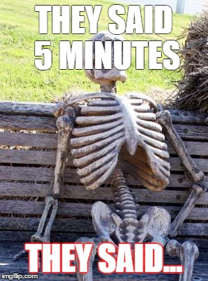 Waiting Skeleton | THEY SAID 5 MINUTES; THEY SAID... | image tagged in memes,waiting skeleton | made w/ Imgflip meme maker