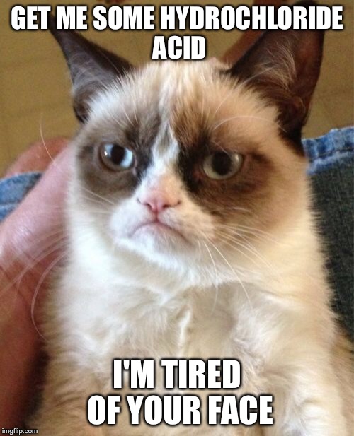 Grumpy Cat Meme | GET ME SOME HYDROCHLORIDE ACID I'M TIRED OF YOUR FACE | image tagged in memes,grumpy cat | made w/ Imgflip meme maker
