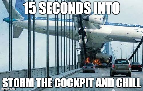 15 SECONDS INTO; STORM THE COCKPIT AND CHILL | image tagged in jokes,bad pun | made w/ Imgflip meme maker