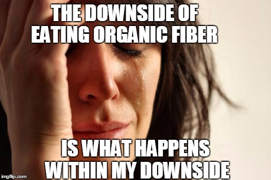 First World Problems Meme | THE DOWNSIDE OF EATING ORGANIC FIBER IS WHAT HAPPENS WITHIN MY DOWNSIDE | image tagged in memes,first world problems | made w/ Imgflip meme maker