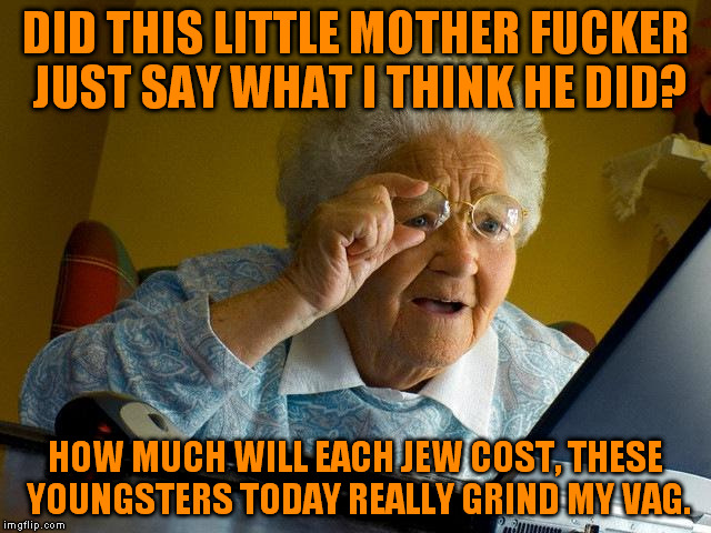 Grandma Finds The Internet Meme | DID THIS LITTLE MOTHER FUCKER JUST SAY WHAT I THINK HE DID? HOW MUCH WILL EACH JEW COST, THESE YOUNGSTERS TODAY REALLY GRIND MY VAG. | image tagged in memes,grandma finds the internet | made w/ Imgflip meme maker