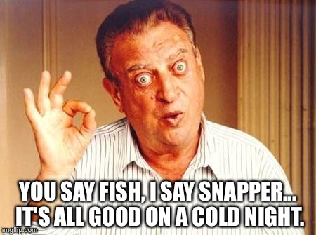 Rodney Dangerfield ok | YOU SAY FISH, I SAY SNAPPER... IT'S ALL GOOD ON A COLD NIGHT. | image tagged in rodney dangerfield ok | made w/ Imgflip meme maker