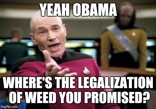 Picard Wtf Meme | YEAH OBAMA WHERE'S THE LEGALIZATION OF WEED YOU PROMISED? | image tagged in memes,picard wtf | made w/ Imgflip meme maker