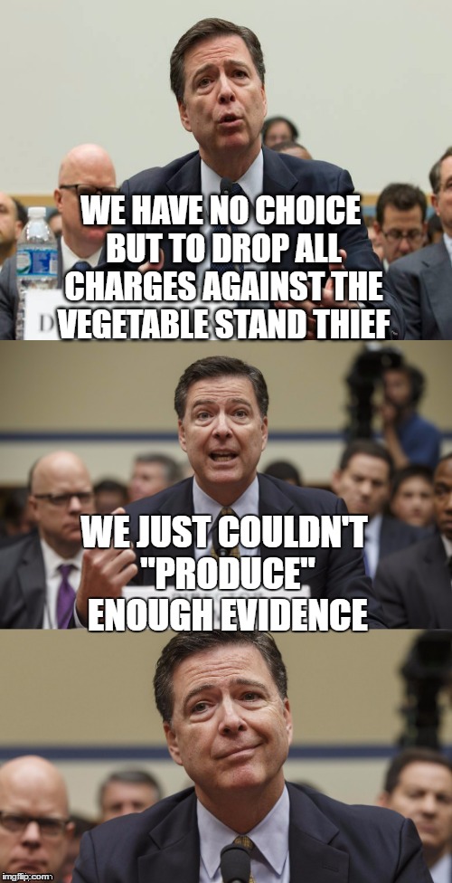 James Comey Bad Pun | WE HAVE NO CHOICE BUT TO DROP ALL CHARGES AGAINST THE VEGETABLE STAND THIEF; WE JUST COULDN'T "PRODUCE" ENOUGH EVIDENCE | image tagged in james comey bad pun,bad pun,memes,thief,fbi | made w/ Imgflip meme maker