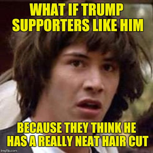I knew there had to be a reason for him to have so many supporters. This is the best one yet. | WHAT IF TRUMP SUPPORTERS LIKE HIM; BECAUSE THEY THINK HE HAS A REALLY NEAT HAIR CUT | image tagged in memes,conspiracy keanu,donald trump,trump supporters | made w/ Imgflip meme maker