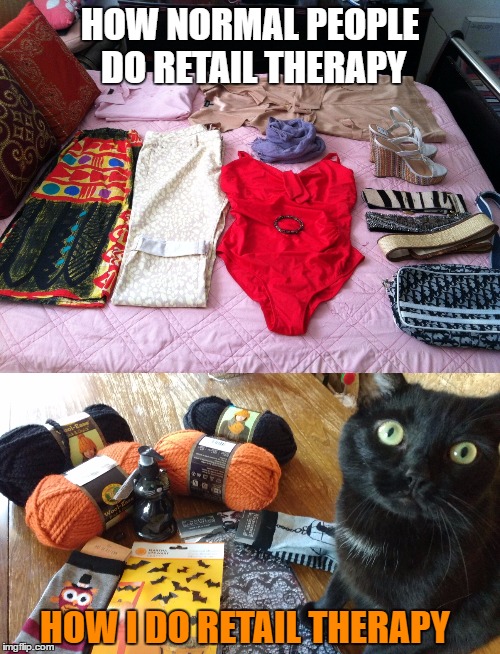 Retail therapy for spoopy people | HOW NORMAL PEOPLE DO RETAIL THERAPY; HOW I DO RETAIL THERAPY | image tagged in halloween,black cat,shopping | made w/ Imgflip meme maker