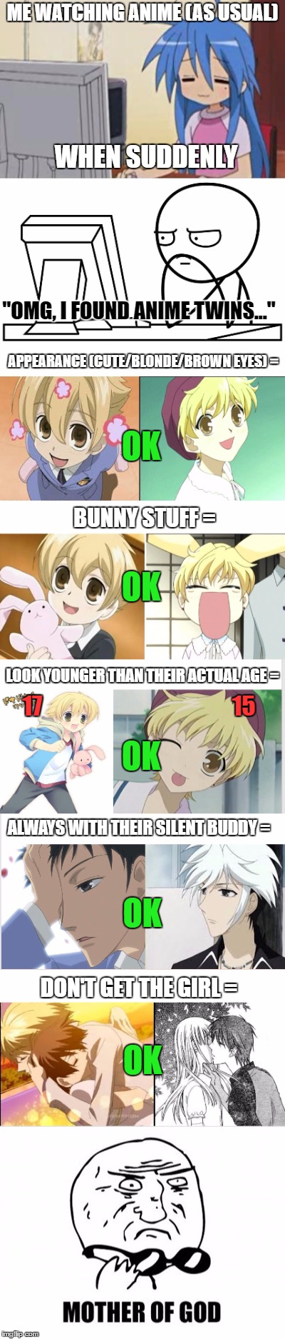 THEY ARE THE SAME PERSON!!!!!!! | ME WATCHING ANIME (AS USUAL); WHEN SUDDENLY; "OMG, I FOUND ANIME TWINS..."; APPEARANCE (CUTE/BLONDE/BROWN EYES) =; OK; OK; BUNNY STUFF =; LOOK YOUNGER THAN THEIR ACTUAL AGE =; 17                                          15; OK; ALWAYS WITH THEIR SILENT BUDDY =; OK; DON'T GET THE GIRL =; OK | image tagged in anime,momiji,honey-senpai,fruit basket,ouran highschool host club | made w/ Imgflip meme maker
