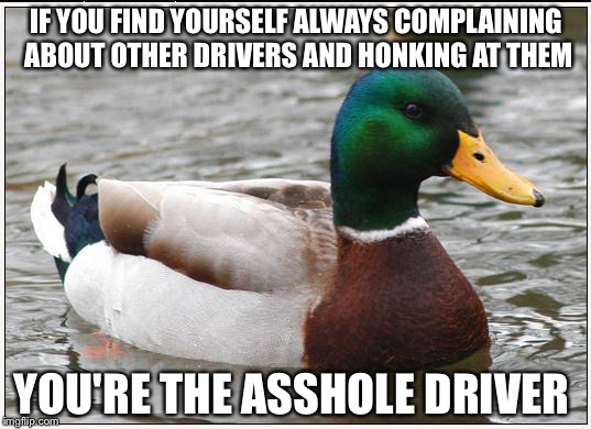 Actual Advice Mallard Meme | IF YOU FIND YOURSELF ALWAYS COMPLAINING ABOUT OTHER DRIVERS AND HONKING AT THEM; YOU'RE THE ASSHOLE DRIVER | image tagged in memes,actual advice mallard,AdviceAnimals | made w/ Imgflip meme maker