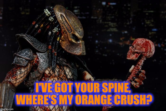 REM...never liked them like I like Predator  | I'VE GOT YOUR SPINE, WHERE'S MY ORANGE CRUSH? | image tagged in aliens | made w/ Imgflip meme maker