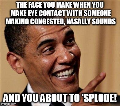 Father forgive me, for I am about to murk this fool | THE FACE YOU MAKE WHEN YOU MAKE EYE CONTACT WITH SOMEONE MAKING CONGESTED, NASALLY SOUNDS; AND YOU ABOUT TO 'SPLODE! | image tagged in obama pointing finger | made w/ Imgflip meme maker