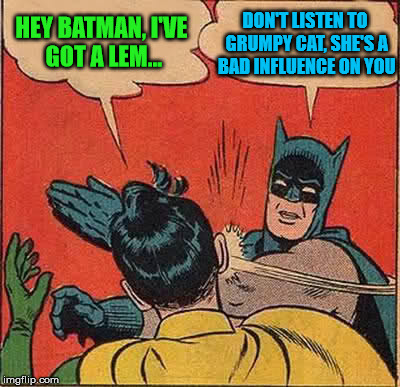 Batman Slapping Robin Meme | HEY BATMAN, I'VE GOT A LEM... DON'T LISTEN TO GRUMPY CAT, SHE'S A BAD INFLUENCE ON YOU | image tagged in memes,batman slapping robin | made w/ Imgflip meme maker