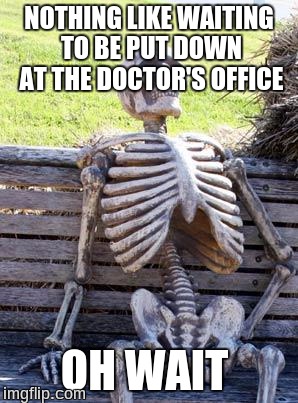 Waiting Skeleton | NOTHING LIKE WAITING TO BE PUT DOWN AT THE DOCTOR'S OFFICE; OH WAIT | image tagged in memes,waiting skeleton | made w/ Imgflip meme maker