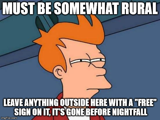 Futurama Fry Meme | MUST BE SOMEWHAT RURAL LEAVE ANYTHING OUTSIDE HERE WITH A "FREE" SIGN ON IT, IT'S GONE BEFORE NIGHTFALL | image tagged in memes,futurama fry | made w/ Imgflip meme maker