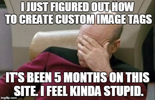 Custom Image Tags! Gotta Use 'em ALL!!! | I JUST FIGURED OUT HOW TO CREATE CUSTOM IMAGE TAGS; IT'S BEEN 5 MONTHS ON THIS SITE. I FEEL KINDA STUPID. | image tagged in memes,captain picard facepalm,soda poptarts zombie rapcow,image tags,random crap,are you still reading this | made w/ Imgflip meme maker