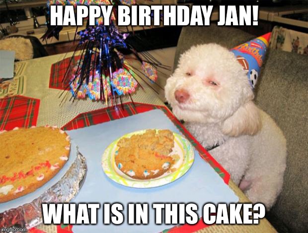 happy birthday | HAPPY BIRTHDAY JAN! WHAT IS IN THIS CAKE? | image tagged in happy birthday | made w/ Imgflip meme maker
