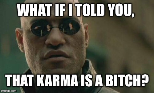 Matrix Morpheus Meme | WHAT IF I TOLD YOU, THAT KARMA IS A B**CH? | image tagged in memes,matrix morpheus | made w/ Imgflip meme maker