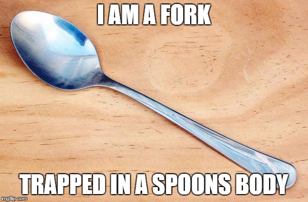 transgender silverware | I AM A FORK; TRAPPED IN A SPOONS BODY | image tagged in spoon,memes,funny | made w/ Imgflip meme maker