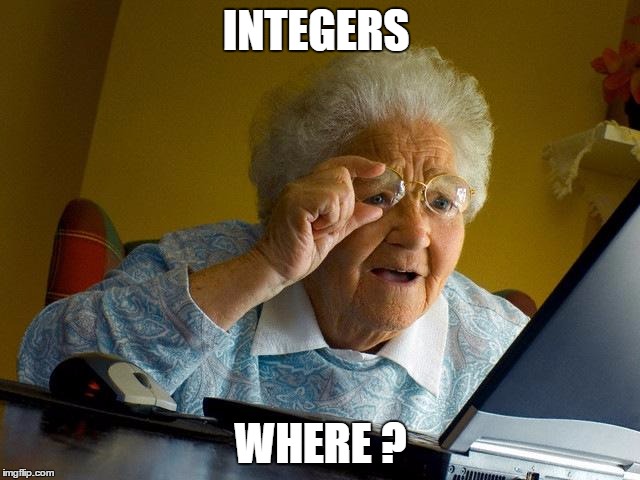 Grandma Finds The Internet | INTEGERS; WHERE ? | image tagged in memes,grandma finds the internet | made w/ Imgflip meme maker