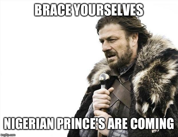 Brace Yourselves X is Coming Meme | BRACE YOURSELVES NIGERIAN PRINCE'S ARE COMING | image tagged in memes,brace yourselves x is coming | made w/ Imgflip meme maker