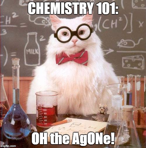 Been a long time...still feel the pain | CHEMISTRY 101:; OH the AgONe! | image tagged in science cat,agony,pain and agony,chemistry cat,chemistry,table | made w/ Imgflip meme maker
