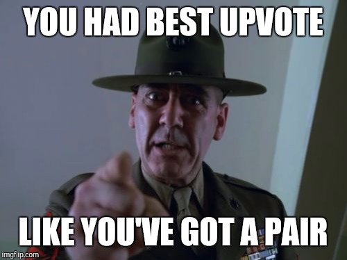 Sergeant Hartmann Meme | YOU HAD BEST UPVOTE; LIKE YOU'VE GOT A PAIR | image tagged in memes,sergeant hartmann | made w/ Imgflip meme maker