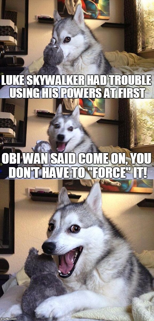 Since I kind of screwed up my last Star wars joke..... | LUKE SKYWALKER HAD TROUBLE USING HIS POWERS AT FIRST; OBI WAN SAID COME ON, YOU DON'T HAVE TO "FORCE" IT! | image tagged in memes,bad pun dog,star wars | made w/ Imgflip meme maker