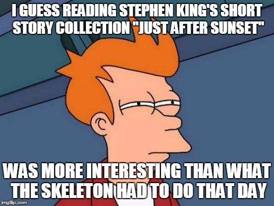 Futurama Fry Meme | I GUESS READING STEPHEN KING'S SHORT STORY COLLECTION "JUST AFTER SUNSET" WAS MORE INTERESTING THAN WHAT THE SKELETON HAD TO DO THAT DAY | image tagged in memes,futurama fry | made w/ Imgflip meme maker