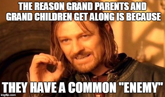 One Does Not Simply | THE REASON GRAND PARENTS AND GRAND CHILDREN GET ALONG IS BECAUSE; THEY HAVE A COMMON "ENEMY" | image tagged in memes,one does not simply | made w/ Imgflip meme maker
