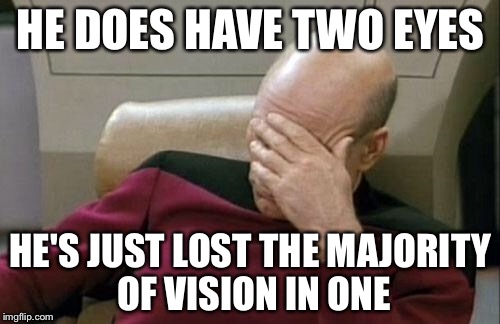 Captain Picard Facepalm Meme | HE DOES HAVE TWO EYES HE'S JUST LOST THE MAJORITY OF VISION IN ONE | image tagged in memes,captain picard facepalm | made w/ Imgflip meme maker
