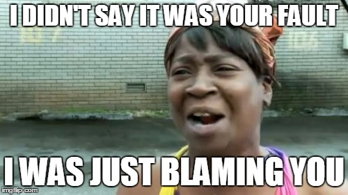Ain't Nobody Got Time For That Meme | I DIDN'T SAY IT WAS YOUR FAULT; I WAS JUST BLAMING YOU | image tagged in memes,aint nobody got time for that | made w/ Imgflip meme maker