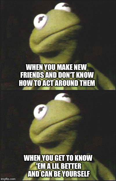 Autism | WHEN YOU MAKE NEW FRIENDS AND DON'T KNOW HOW TO ACT AROUND THEM; WHEN YOU GET TO KNOW 'EM A LIL BETTER AND CAN BE YOURSELF | image tagged in autism,kermit the frog | made w/ Imgflip meme maker