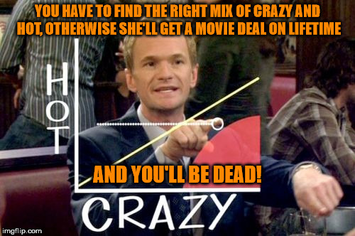 Hot Scale | YOU HAVE TO FIND THE RIGHT MIX OF CRAZY AND HOT, OTHERWISE SHE'LL GET A MOVIE DEAL ON LIFETIME; AND YOU'LL BE DEAD! | image tagged in memes,hot scale,how i met your mother,barney stinson,don't become a lifetime movie,i'm a lucky lucky man | made w/ Imgflip meme maker