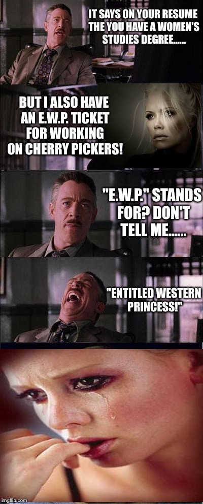 Peter Parker Cry Meme | IT SAYS ON YOUR RESUME THE YOU HAVE A WOMEN'S STUDIES DEGREE...... BUT I ALSO HAVE AN E.W.P. TICKET FOR WORKING ON CHERRY PICKERS! "E.W.P." STANDS FOR? DON'T TELL ME...... "ENTITLED WESTERN PRINCESS!" | image tagged in memes,peter parker cry | made w/ Imgflip meme maker