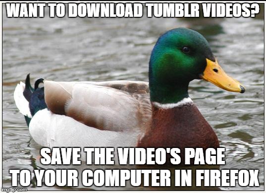 Actual Advice Mallard Meme | WANT TO DOWNLOAD TUMBLR VIDEOS? SAVE THE VIDEO'S PAGE TO YOUR COMPUTER IN FIREFOX | image tagged in memes,actual advice mallard | made w/ Imgflip meme maker