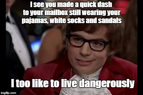 I Too Like To Live Dangerously Meme | I see you made a quick dash to your mailbox still wearing your pajamas, white socks and sandals; I too like to live dangerously | image tagged in memes,i too like to live dangerously | made w/ Imgflip meme maker
