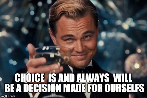 Leonardo Dicaprio Cheers Meme | CHOICE  IS AND ALWAYS  WILL BE A DECISION MADE FOR OURSELFS | image tagged in memes,leonardo dicaprio cheers | made w/ Imgflip meme maker