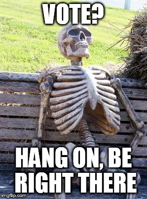 Waiting Skeleton Meme | VOTE? HANG ON, BE RIGHT THERE | image tagged in memes,waiting skeleton | made w/ Imgflip meme maker
