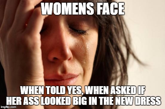First World Problems | WOMENS FACE; WHEN TOLD YES, WHEN ASKED IF HER ASS LOOKED BIG IN THE NEW DRESS | image tagged in memes,first world problems | made w/ Imgflip meme maker