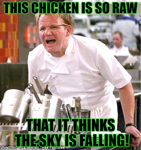 Chef Gordon Ramsay | THIS CHICKEN IS SO RAW; THAT IT THINKS THE SKY IS FALLING! | image tagged in memes,chef gordon ramsay,template quest,funny | made w/ Imgflip meme maker