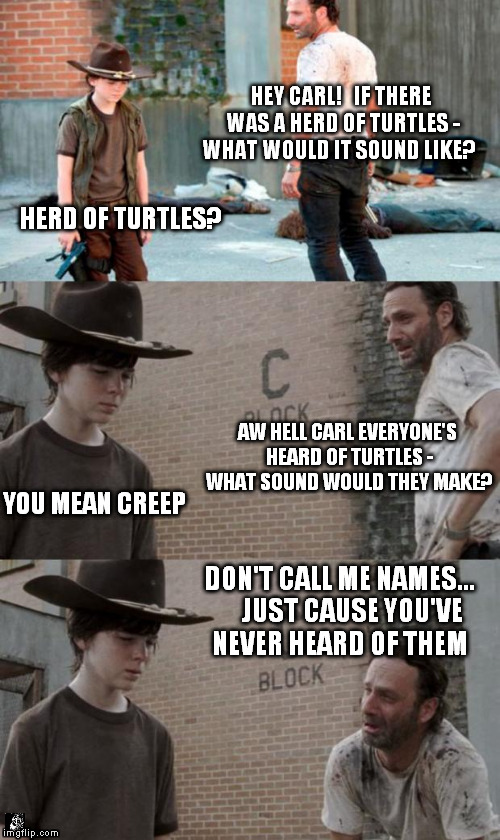 Like Ninjas | HEY CARL!   IF THERE WAS A HERD OF TURTLES - WHAT WOULD IT SOUND LIKE? HERD OF TURTLES? AW HELL CARL EVERYONE'S HEARD OF TURTLES - WHAT SOUND WOULD THEY MAKE? YOU MEAN CREEP; DON'T CALL ME NAMES...     JUST CAUSE YOU'VE NEVER HEARD OF THEM | image tagged in memes,rick and carl 3 | made w/ Imgflip meme maker