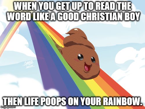 Poop on Rainbow | WHEN YOU GET UP TO READ THE WORD LIKE A GOOD CHRISTIAN BOY; THEN LIFE POOPS ON YOUR RAINBOW. | image tagged in poop on rainbow | made w/ Imgflip meme maker