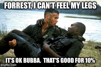 Forrest gump | FORREST, I CAN'T FEEL MY LEGS; IT'S OK BUBBA.  THAT'S GOOD FOR 10% | image tagged in forrest gump | made w/ Imgflip meme maker