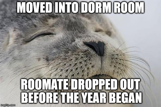 Satisfied Seal Meme | MOVED INTO DORM ROOM; ROOMATE DROPPED OUT BEFORE THE YEAR BEGAN | image tagged in memes,satisfied seal,AdviceAnimals | made w/ Imgflip meme maker