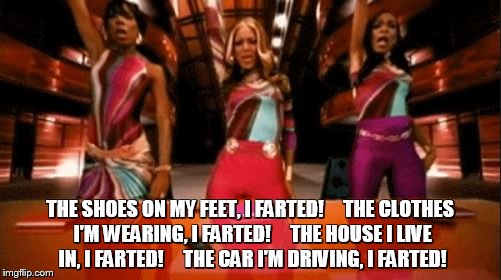 Gassy Women | THE SHOES ON MY FEET, I FARTED!     THE CLOTHES I'M WEARING, I FARTED!     THE HOUSE I LIVE IN, I FARTED!     THE CAR I'M DRIVING, I FARTED! | image tagged in destiny's child,fart,independent women,feminism,panties,vaginal mesh | made w/ Imgflip meme maker