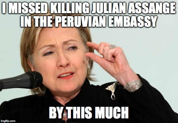 Hillary Clinton Fingers | I MISSED KILLING JULIAN ASSANGE IN THE PERUVIAN EMBASSY; BY THIS MUCH | image tagged in hillary clinton fingers | made w/ Imgflip meme maker